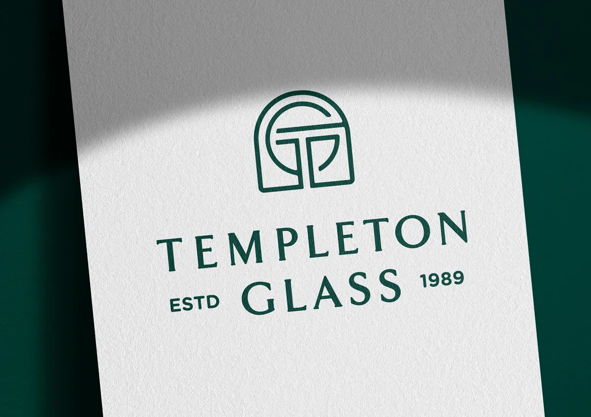 Templeton Glass brand collateral with refined monogram and typography